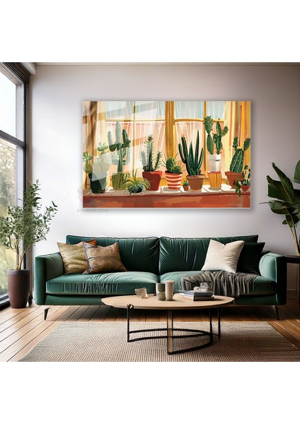 Cam Yatay Duvar Tablosu Cam Saksidaki Kaktusler Ev Ofis Salon Modern Duvar Tablosu modelleri