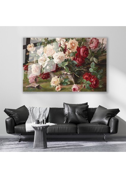 Cam Yatay Duvar Tablosu Cam Kirmizi Beyaz Guller Ev Ofis Salon Modern Duvar Tablosu