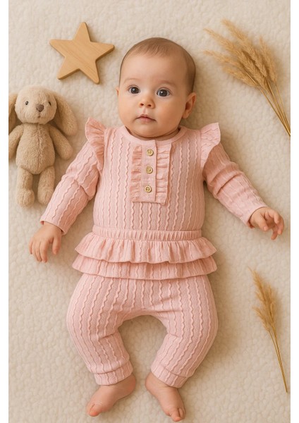 Büzgü Detaylı Fırfırlı % 100 Pamuk 2'li Kız Bebek Takımı