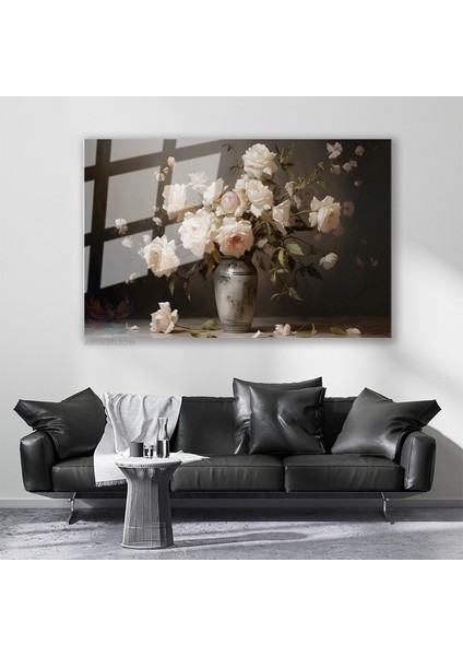 Cam Yatay Duvar Tablosu Cam Vazoda Beyaz Guller Ev Ofis Salon Modern Duvar Tablosu