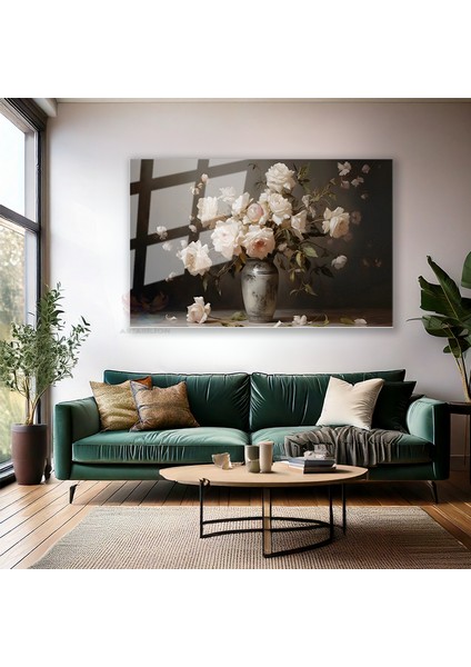 Cam Yatay Duvar Tablosu Cam Vazoda Beyaz Guller Ev Ofis Salon Modern Duvar Tablosu modelleri