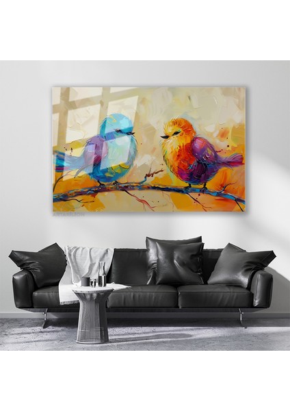 Cam Yatay Duvar Tablosu Cam Renkli Kuslar Ev Ofis Salon Modern Duvar Tablosu