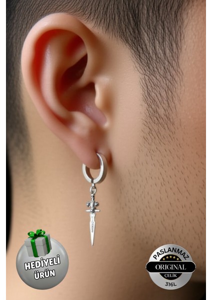Sıkıştırmalı Deliksiz Kılıç Model Sallantılı Erkek Çelik Küpe 1 Adet