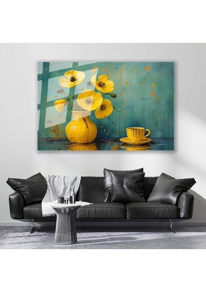 Cam Yatay Duvar Tablosu Cam Sari Cicekve Fincan Ev Ofis Salon Modern Duvar Tablosu