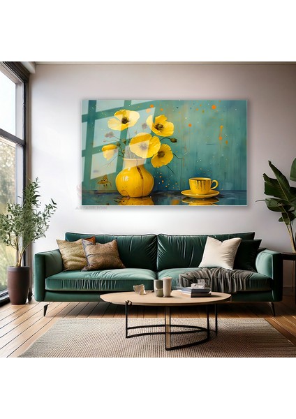 Cam Yatay Duvar Tablosu Cam Sari Cicekve Fincan Ev Ofis Salon Modern Duvar Tablosu modelleri