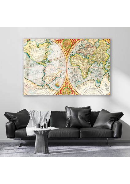 Cam Yatay Duvar Tablosu Cam Yeni Dünya Haritasi2 Ev Ofis Salon Modern Duvar Tablosu