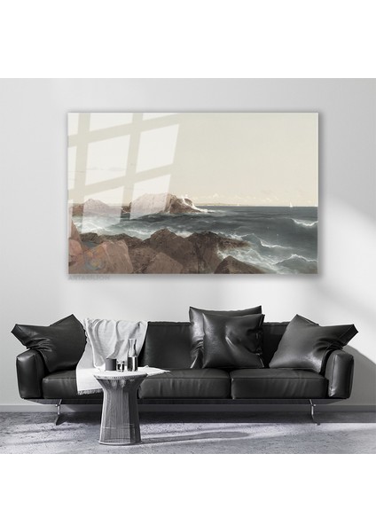 Cam Yatay Duvar Tablosu Cam Kayalıklarve Deniz Ev Ofis Salon Modern Duvar Tablosu
