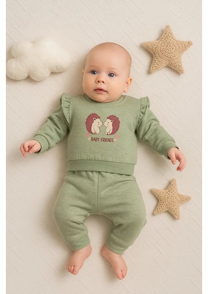 Kirpi Nakışlı % 100 Pamuk 2'li Kız Bebek Takım