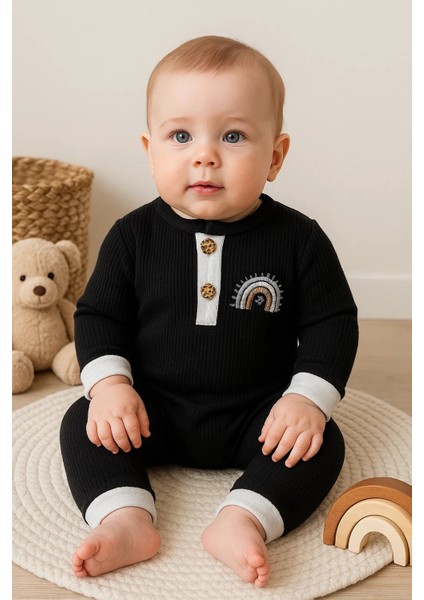 Waffle Gökkuşağı Nakışlı Erkek Bebek Tulumu