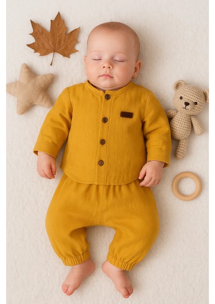 Oval Kesim 5 Düğmeli Müslin Kumaş 2'li Erkek Bebek Takımı