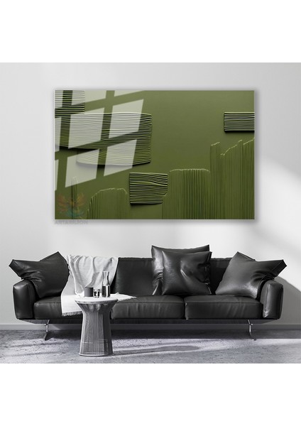 Cam Yatay Duvar Tablosu Cam Yesil Cizgiler Ev Ofis Salon Modern Duvar Tablosu