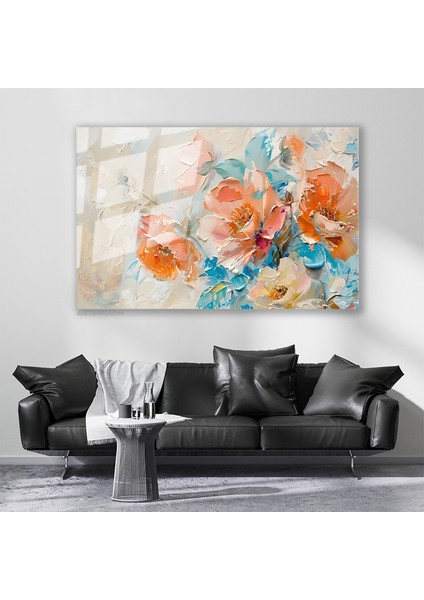 Cam Yatay Duvar Tablosu Cam Firca Darbeleri Cicekler Ev Ofis Salon Modern Duvar Tablosu