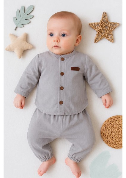 Oval Kesim 5 Düğmeli Müslin Kumaş 2'li Erkek Bebek Takımı