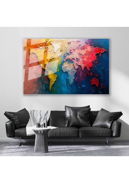 Cam Yatay Duvar Tablosu Cam Renkli Dunya Haritasi Ev Ofis Salon Modern Duvar Tablosu