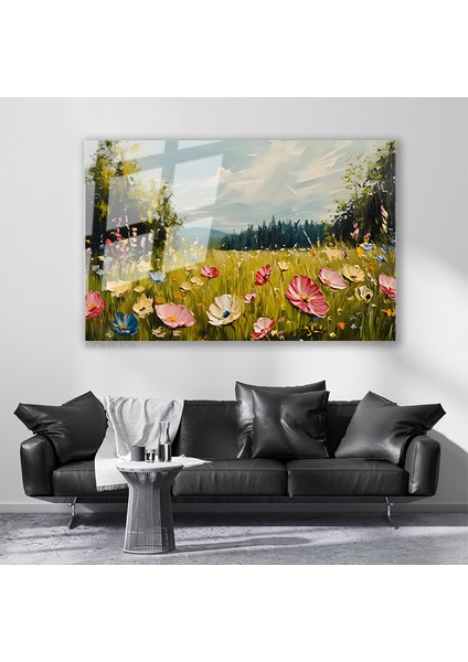 Cam Yatay Duvar Tablosu Cam Cicek BAHCESI66 Ev Ofis Salon Modern Duvar Tablosu