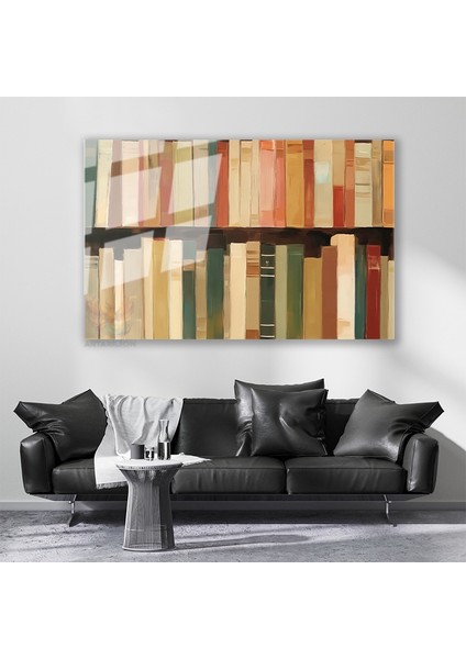 Cam Yatay Duvar Tablosu Cam Kitaplıktaki Kitaplar Ev Ofis Salon Modern Duvar Tablosu