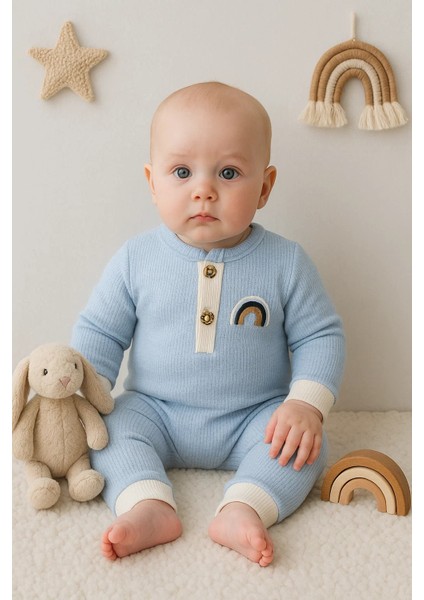 Waffle Gökkuşağı Nakışlı Erkek Bebek Tulumu