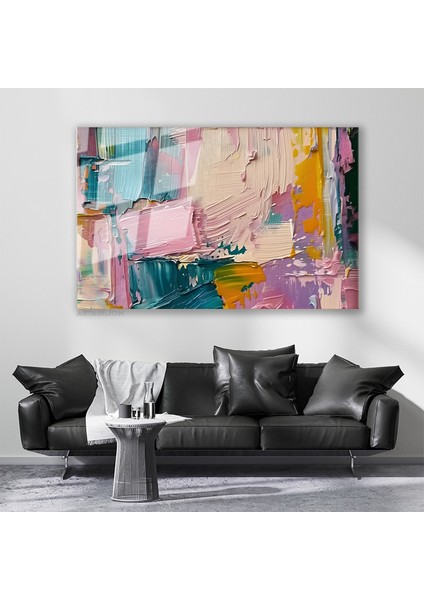 Cam Yatay Duvar Tablosu Cam Pastel Firca Darbeleri4 Ev Ofis Salon Modern Duvar Tablosu