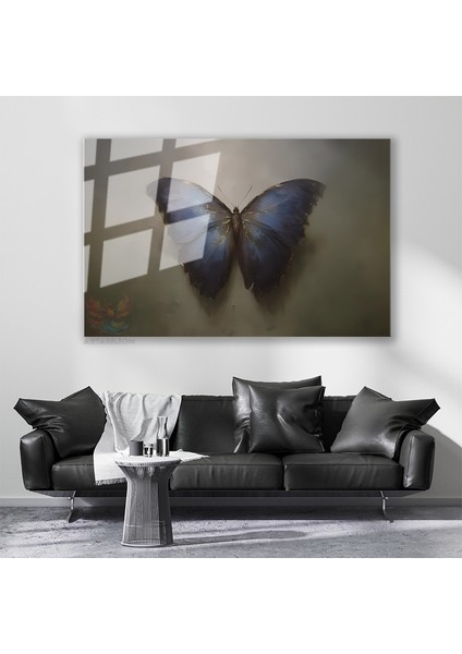 Cam Yatay Duvar Tablosu Cam Mavi Siyah Kelebek Ev Ofis Salon Modern Duvar Tablosu