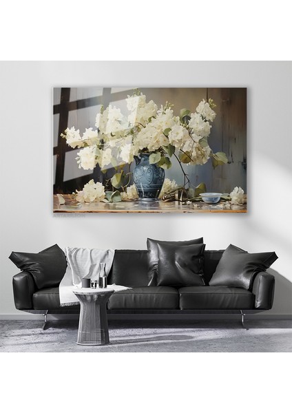 Cam Yatay Duvar Tablosu Cam Vazoda Beyaz Cicekler2 Ev Ofis Salon Modern Duvar Tablosu