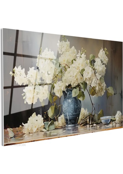 Cam Yatay Duvar Tablosu Cam Vazoda Beyaz Cicekler2 Ev Ofis Salon Modern Duvar Tablosu fiyatları