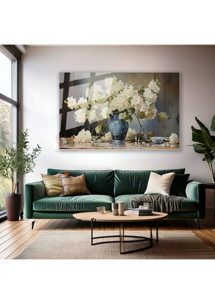 Cam Yatay Duvar Tablosu Cam Vazoda Beyaz Cicekler2 Ev Ofis Salon Modern Duvar Tablosu modelleri