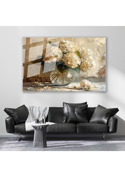 Cam Yatay Duvar Tablosu Cam Vazoda Beyaz Cicekler3 Ev Ofis Salon Modern Duvar Tablosu