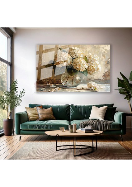 Cam Yatay Duvar Tablosu Cam Vazoda Beyaz Cicekler3 Ev Ofis Salon Modern Duvar Tablosu modelleri