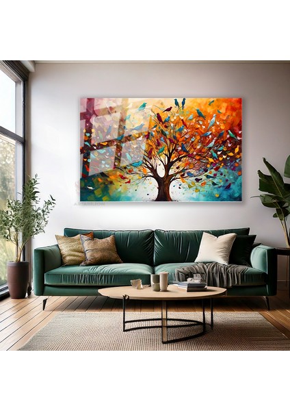 Cam Yatay Duvar Tablosu Cam Hayat Agaci ve Kuslar Ev Ofis Salon Modern Duvar Tablosu modelleri