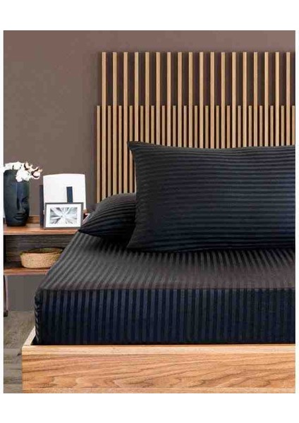 Pamuk Saten Çizgili 1 Adet Lastikli Çarşaf 2 Adet Yastık Kılıfı Seti Siyah Renk fiyatları