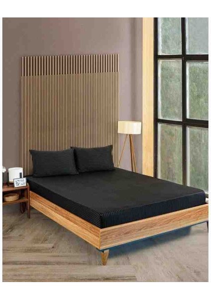 Pamuk Saten Çizgili 1 Adet Lastikli Çarşaf 2 Adet Yastık Kılıfı Seti Siyah Renk
