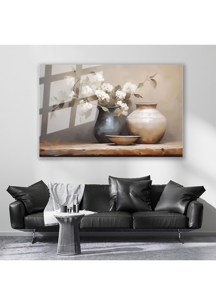 Cam Yatay Duvar Tablosu Cam Vazoda Beyaz Cicekeler4 Ev Ofis Salon Modern Duvar Tablosu