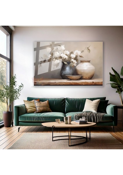 Cam Yatay Duvar Tablosu Cam Vazoda Beyaz Cicekeler4 Ev Ofis Salon Modern Duvar Tablosu modelleri