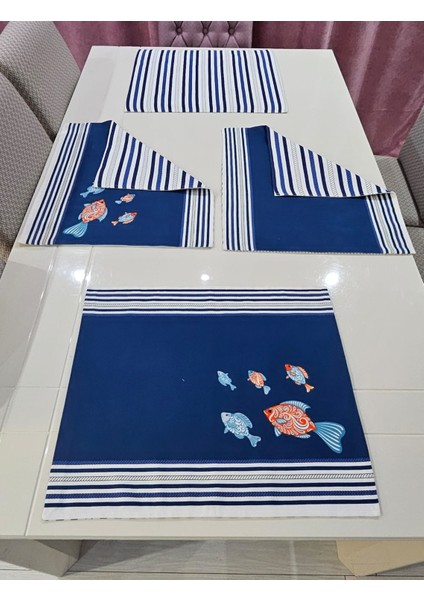 Halat ve Balık Desenli 4'lü Amerikan Servisi