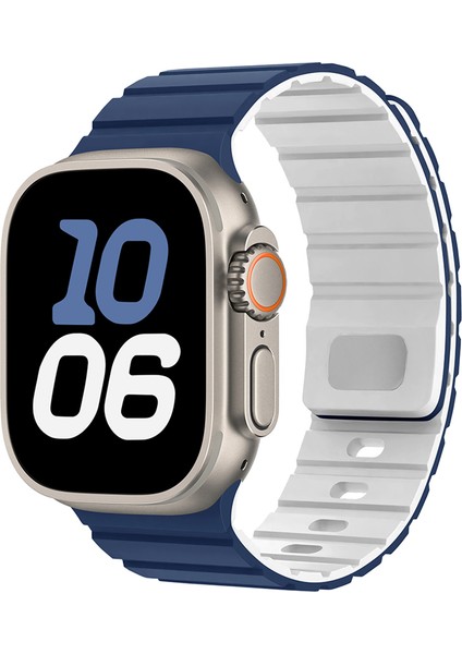 Apple Watch Series 10 Ultra 9 8 7 Se 6 5 4 3 2 1 46MM 49MM 45MM 44MM 42MM Manyetik Silikon Bant Hızlı Çıkarma Kayışı - Gece Mavisi/beyaz (Yurt Dışından) fırsatları