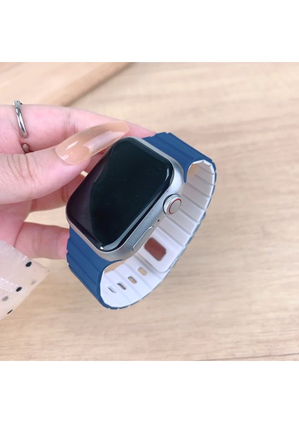 Apple Watch Series 10 Ultra 9 8 7 Se 6 5 4 3 2 1 46MM 49MM 45MM 44MM 42MM Manyetik Silikon Bant Hızlı Çıkarma Kayışı - Gece Mavisi/beyaz (Yurt Dışından) indirimleri