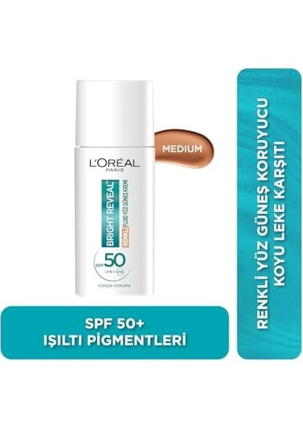 L'oréal Paris Bright Reveal Spf 50+ Koyu Leke Karşıtı Renkli Fluid Günlük Yüz Güneş Kremi 50 ml - Medium fiyatları