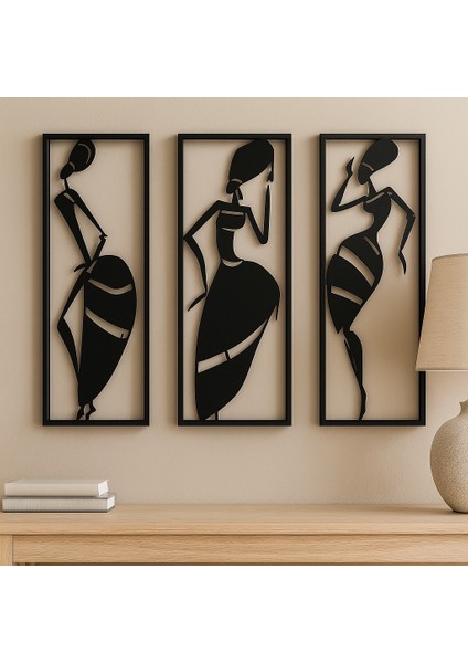 Dekoratif 3’lü Metal Tablo | Afrika Kadın Figürleri ile Modern Tarz