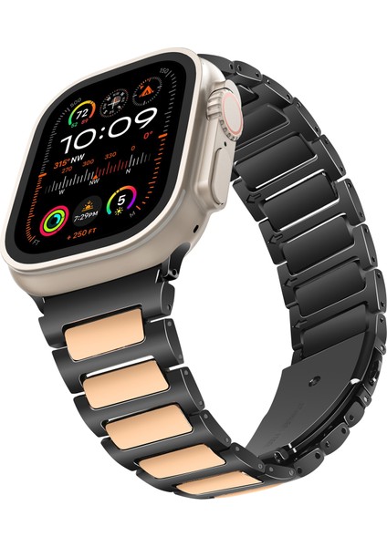 Apple Watch 10 46MM/ULTRA 2/ultra 49MM/9 8 7 45MM/SE (2023) Se (2022) Se 6 5 4 44MM/3 2 1 42MM Çinko Alaşımlı Akıllı Saat Kayışı-Siyah+Pembe Altın (Yurt Dışından) modelleri