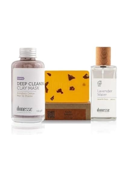 Dionesse Sivilce Karşıtı Akne Giderici Set - 100% Doğal Mor Kil Maske, Lavanta Suyu ve Kayısı Sabunu | Sivilce Kurutucu ve Siyah Nokta Giderici Cilt Bakım Seti