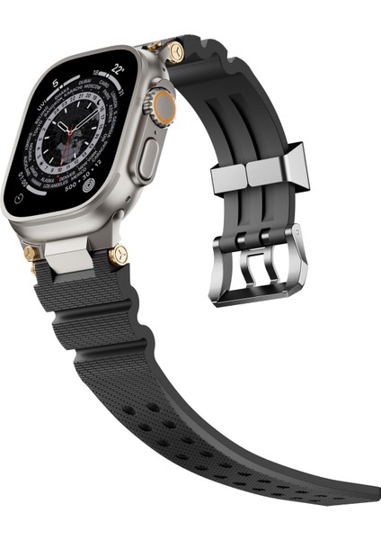 Apple Watch Series 10 46MM/ULTRA 2 Ultra 49MM/9 8 7 45MM/SE (2023) Se (2022) Se 6 5 4 44MM/3 2 1 42MM Için Gümüş Tokalı ve Bağlantılı Silikon Kayış - Siyah (Yurt Dışından) modelleri