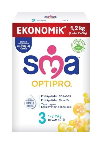 Sma Optipro 3, 1-3 Yaş Devam Sütü, 1.2 kg (2 x 600 G)