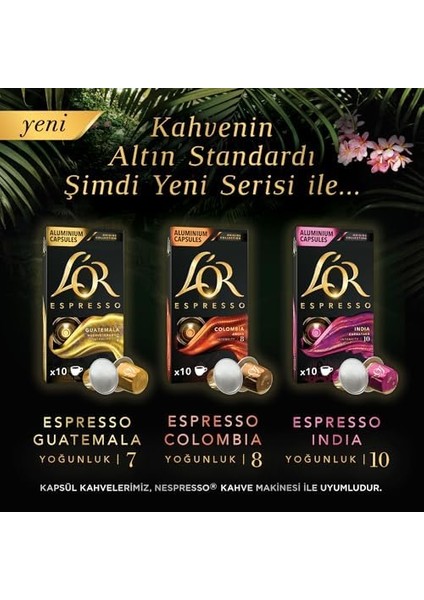 L'or - Espresso Kahve - India - Origins Collection - Yoğunluk 10 - Tatlımsı ve Hafif Baharat Notaları - 1 Paket x 10 Alüminyum Kapsül x 10 Kutu modelleri