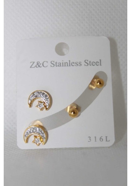 316L Paslanmaz Çelik Ay Yıldız Taşlı Kadın Küpe Seti – Şık ve Dayanıklı Tasarım