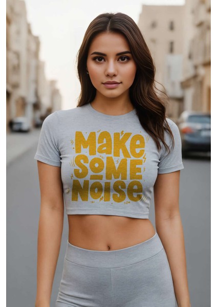 Make Some Noise Baskılı Kadın Slimfit Crop - Gri Melanj