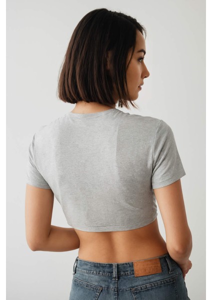 Make Some Noise Baskılı Kadın Slimfit Crop - Gri Melanj fiyatları