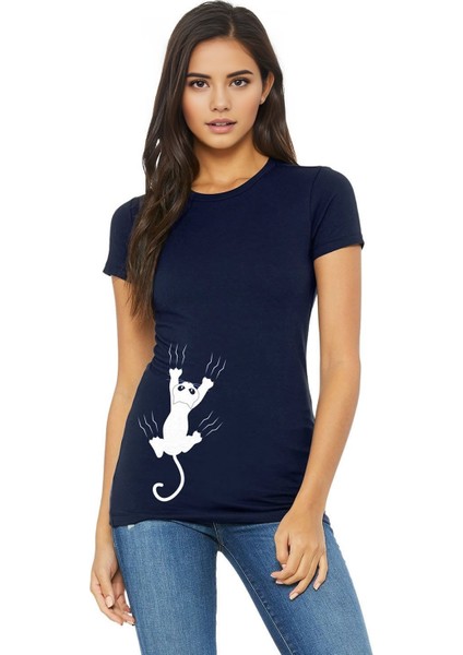 Tırmanan Kedi Baskılı Lacivert Tişört