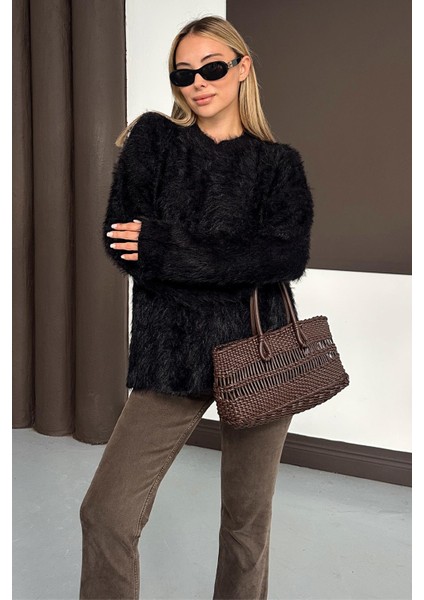 Oversize Tüylü Soft Kazak Siyah 8270 fiyatları