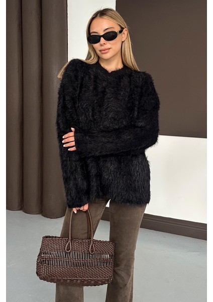 Oversize Tüylü Soft Kazak Siyah 8270