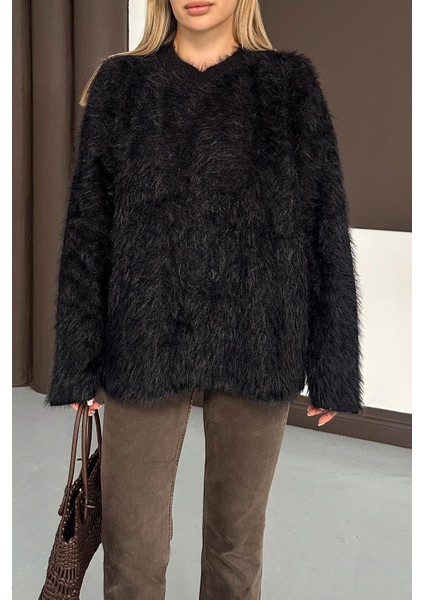 Oversize Tüylü Soft Kazak Siyah 8270